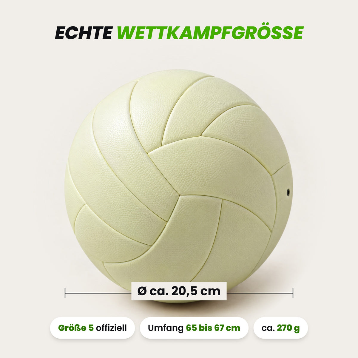 Leuchtvolley bei Tageslicht mit Maßangaben, offizielle Größe 5
