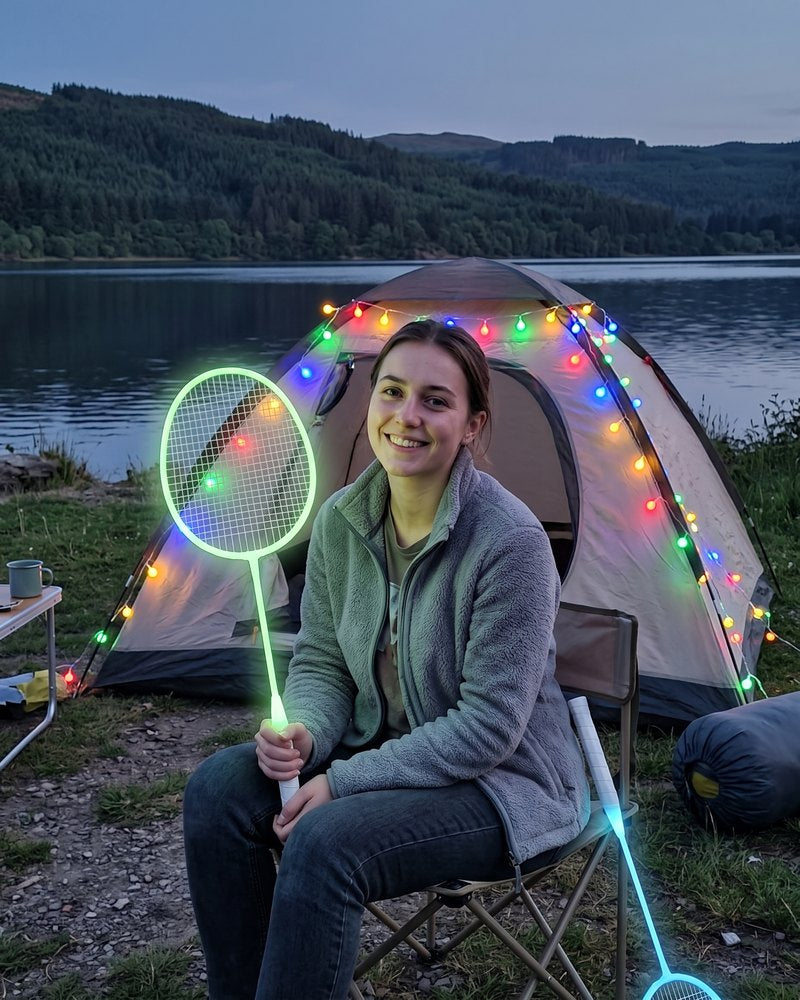 Woman with a glowing badminton racket in front of her tent by the lake